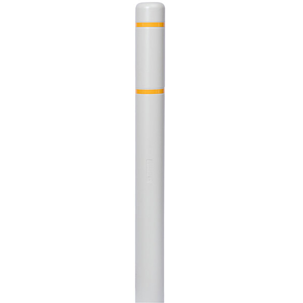 A white cylindrical Innoplast BollardGard with yellow reflective stripes.