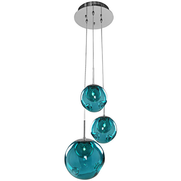 A Kalco Meteor pendant light with three aqua glass balls hanging from a chrome fixture.