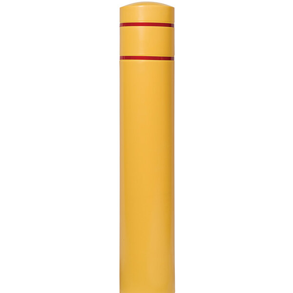 A yellow Innoplast BollardGard cover with red reflective stripes on it.