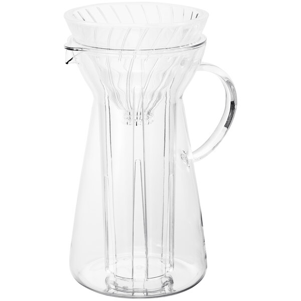 A clear glass Hario V60 iced coffee pitcher with a handle.