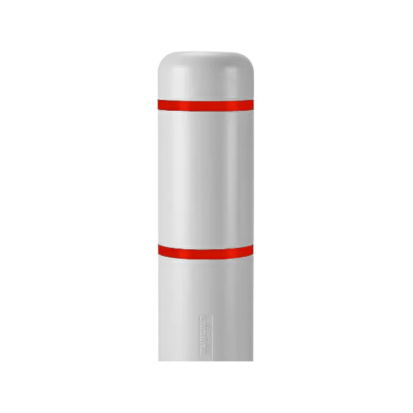 A white cylinder with red stripes.
