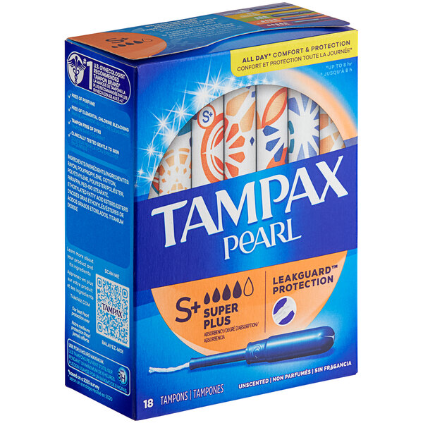 A case of 12 boxes of Tampax Pearl Super Plus tampons with plastic applicators.