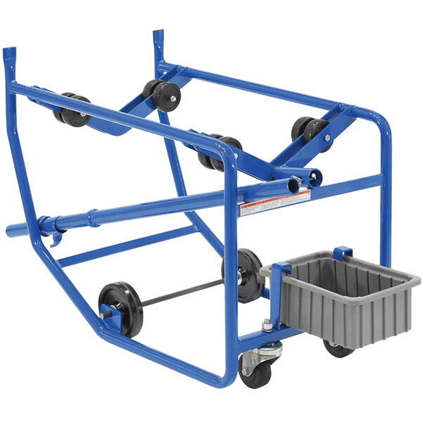 A blue metal Vestil revolving drum cart with black wheels and a grey bucket.