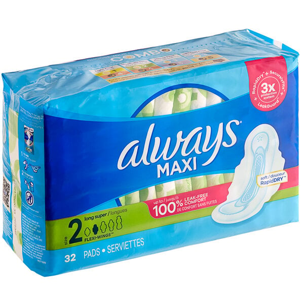 A package of 32 Always Maxi unscented long super pads with wings.