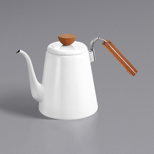 A white enamel coffee drip kettle with a wooden handle.