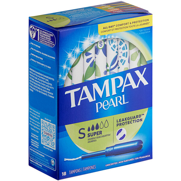 A box of Tampax Pearl tampons with a white background.