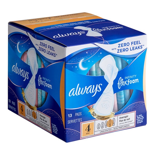 A case of 6 blue boxes of Always Infinity Unscented Menstrual Pads with Wings.