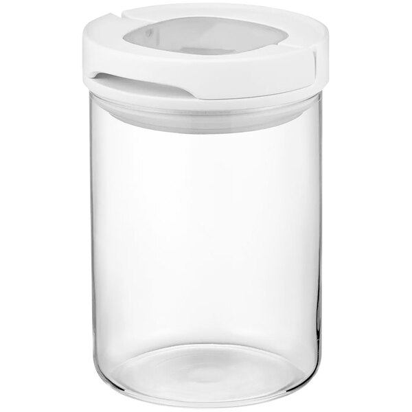 A clear container with a white lid.