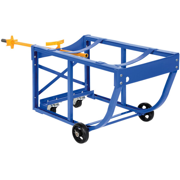 A blue metal Vestil drum cart with polyurethane wheels.