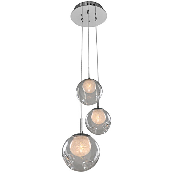 A Kalco Meteor chrome pendant light with three clear glass spheres.