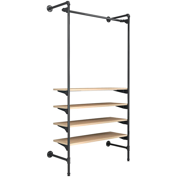An Econoco industrial outrigger kit with oak woodgrain shelves and a black metal garment rail.