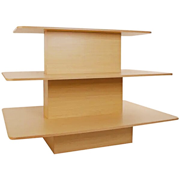 A rectangular maple melamine display table with three shelves.