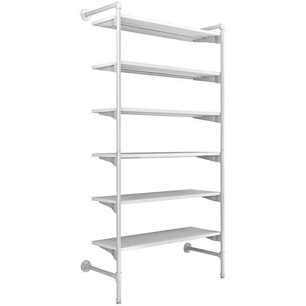 An Econoco white outrigger kit with metal legs and 6 white shelves.