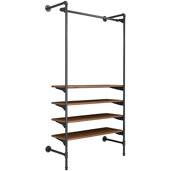 An Econoco industrial-style wood shelf on metal poles with garment rail.