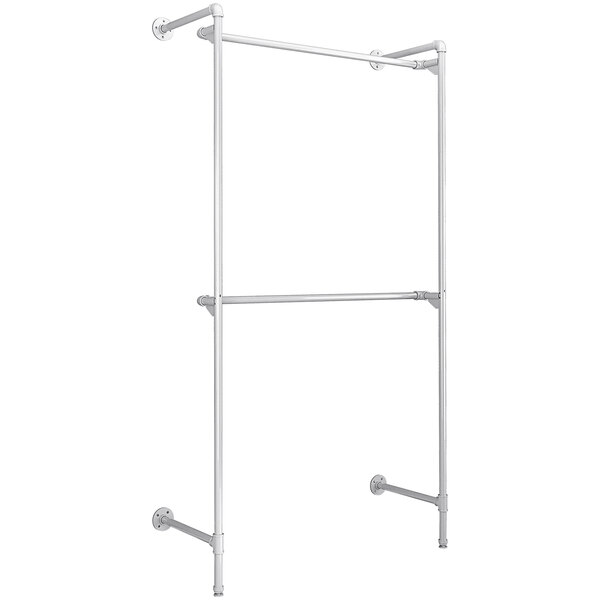 A white metal retail rack with two garment rails.