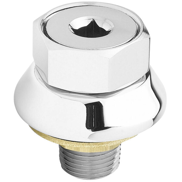 A chrome plated T&S metal coupling with adjustable flange and a nut.