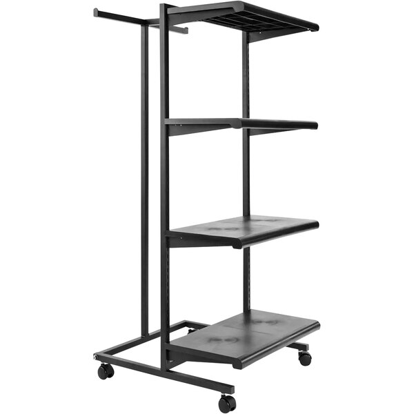 A black metal mobile T-stand merchandiser with black shelves and hang rails.