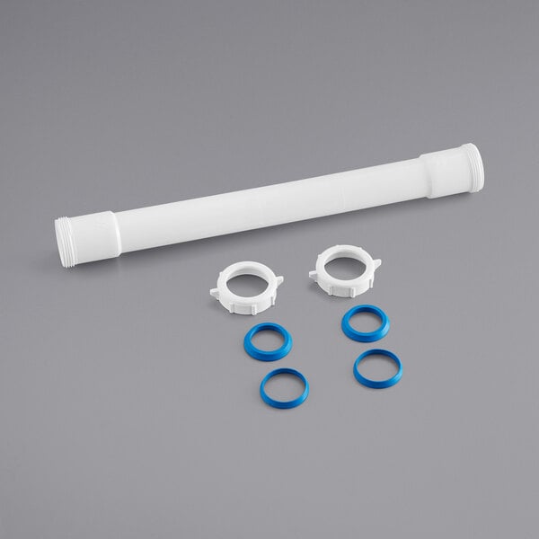 A white tube with blue rubber rings on the ends.
