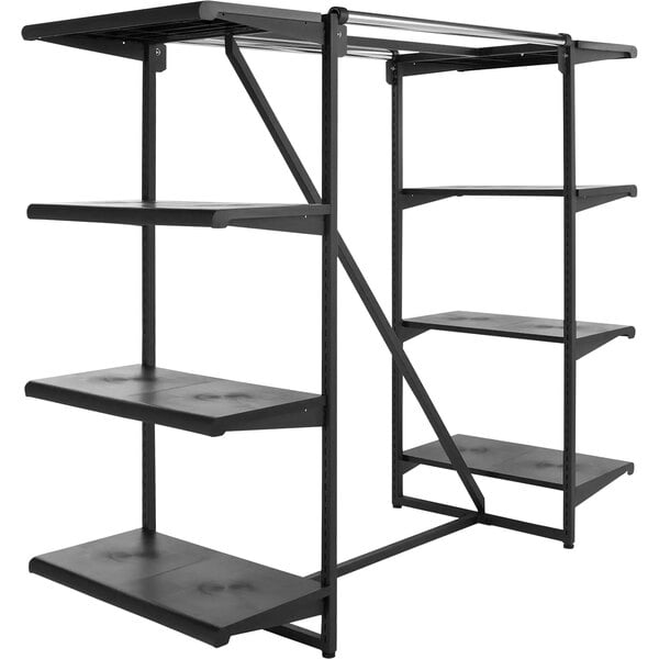 A black metal Gondola-Style retail merchandiser with shelves and hang rails.