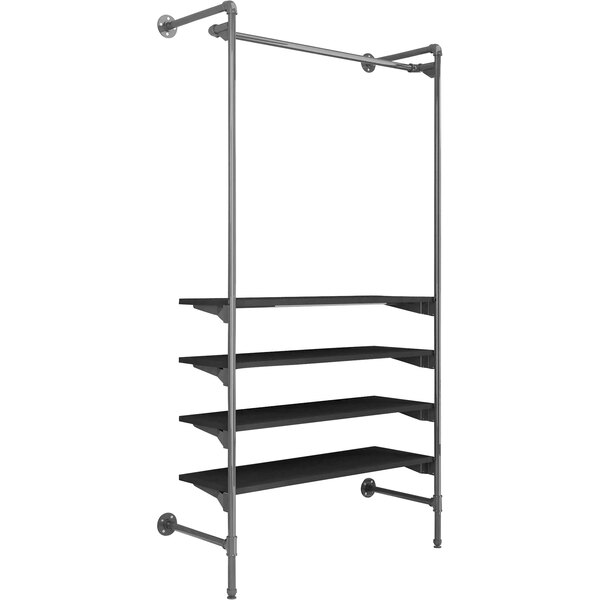 An Econoco black metal outrigger kit with garment rail and shelves.