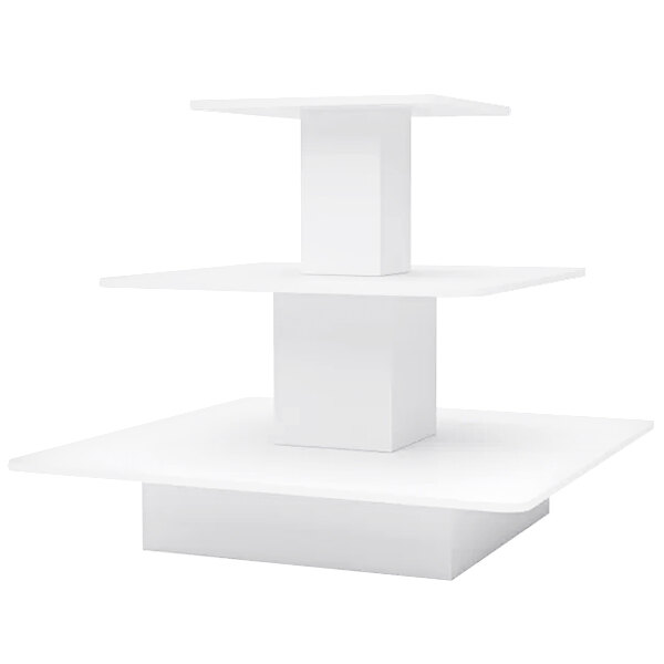 A white square shelf with three shelves on a white background.