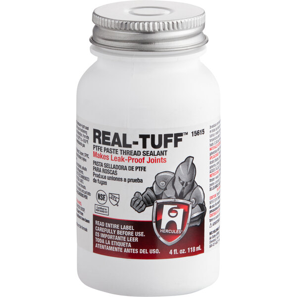 A white bottle of Hercules Real Tuff white PTFE thread sealant with a silver cap and black label.