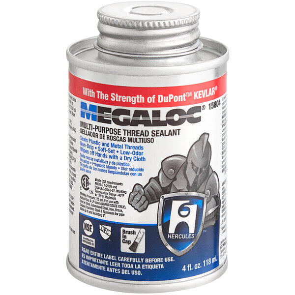 A silver can of Hercules Megaloc blue thread sealant with red and blue labels.