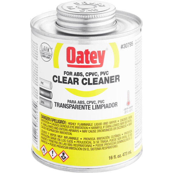 A can of Oatey clear cleaner for ABS/PVC/CPVC pipe and fittings.