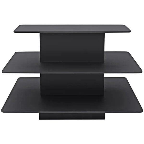A black rectangular Econoco three-tier display table with three shelves.