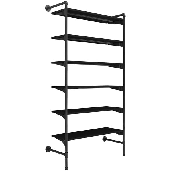 An Econoco black metal outrigger with 6 black shelves and black metal rods.