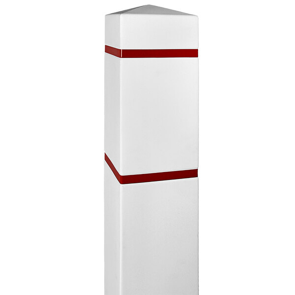 A white Innoplast bollard cover with red stripes.