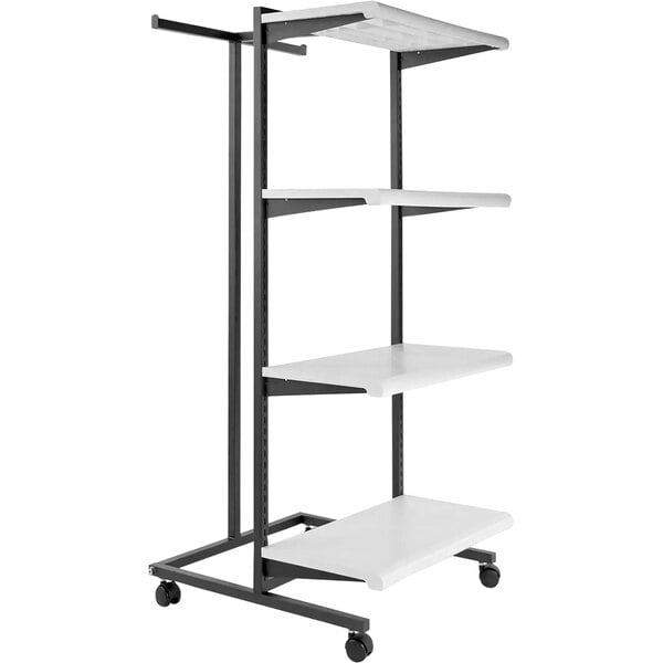 A white and black metal Econoco mobile T-stand with 4 white shelves and 2 hang rails.