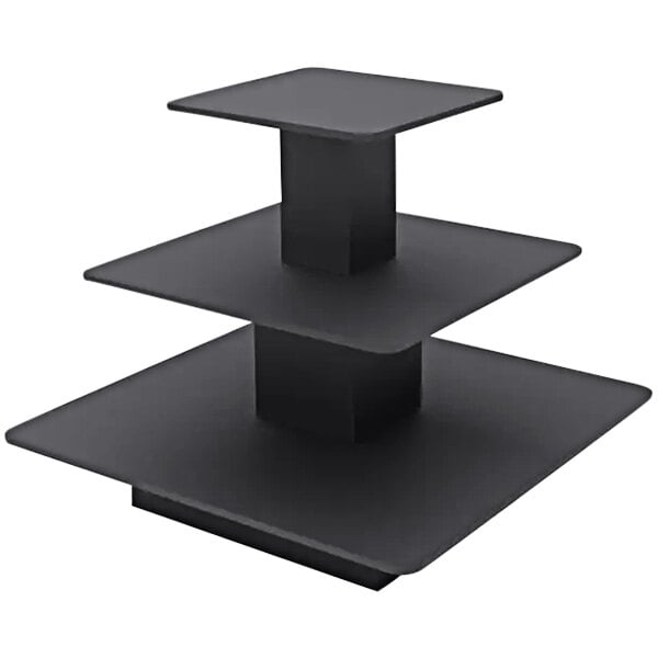 A black square shelf with three tiers.