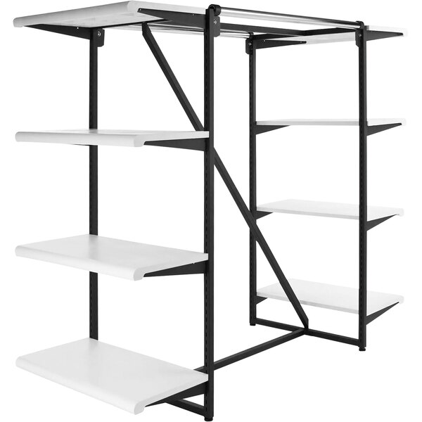 A white and black gondola-style shelving unit with 8 white shelves and 2 hang rails.