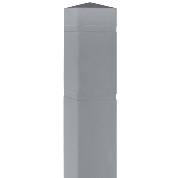 A gray rectangular Innoplast BollardGard cover on a grey square safety bollard.