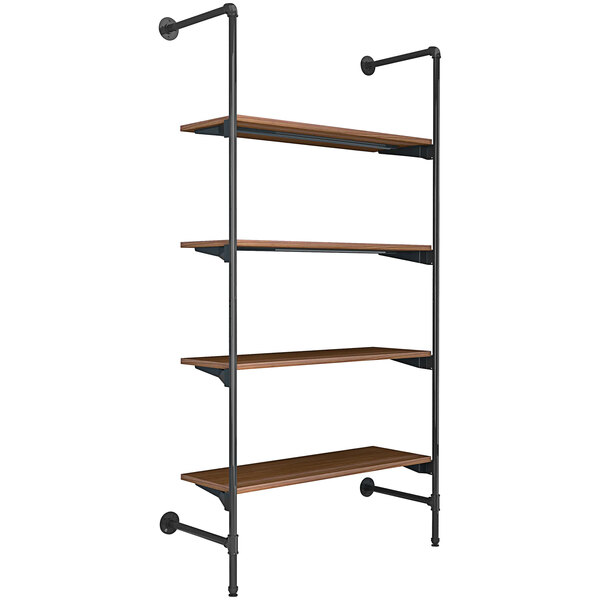 An Econoco industrial-style outrigger kit with brown woodgrain shelves on a metal pipe.