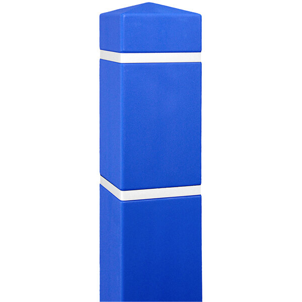 A blue Innoplast bollard cover with white reflective stripes.