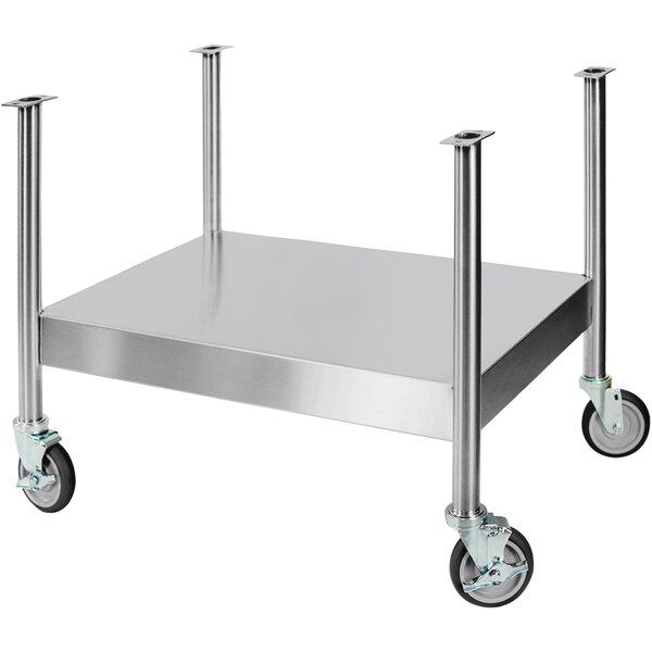 A stainless steel single shelf stand with four metal legs for an AccuTemp griddle.