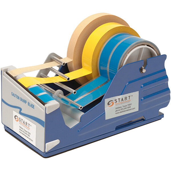 A blue and yellow Start International Manual Multi-Roll Tape Dispenser with a sharp blade.