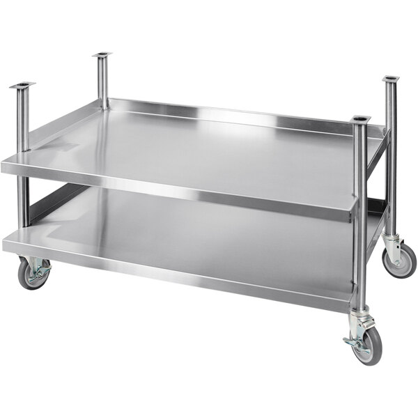 A stainless steel AccuTemp double shelf stand with wheels.