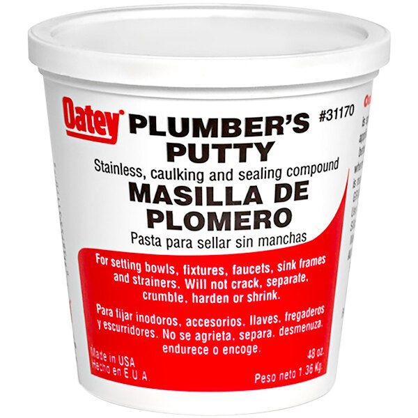 A white Oatey tub of Plumber's Putty with red and black text.