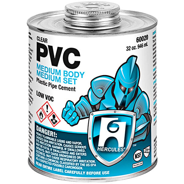 A can of Hercules PVC medium body clear cement with a blue lid.