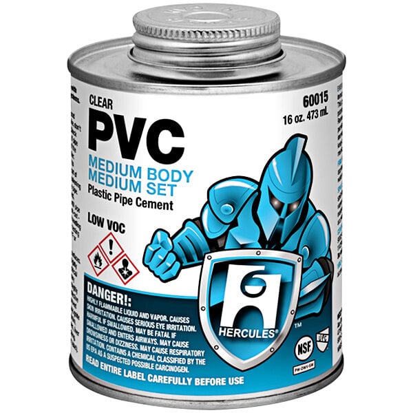 A can of Hercules PVC medium body clear cement with a blue and white label set on a white background.