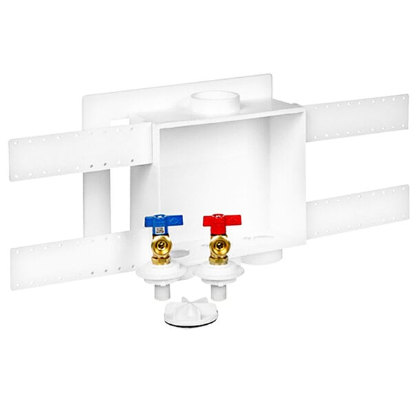 A white Oatey washing machine outlet box with two valves.