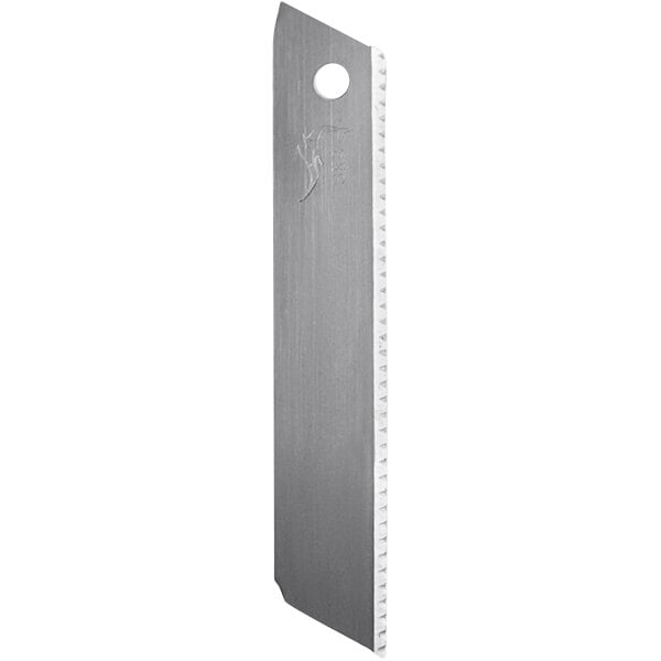 A close up of a serrated metal blade with black lines on a white background.