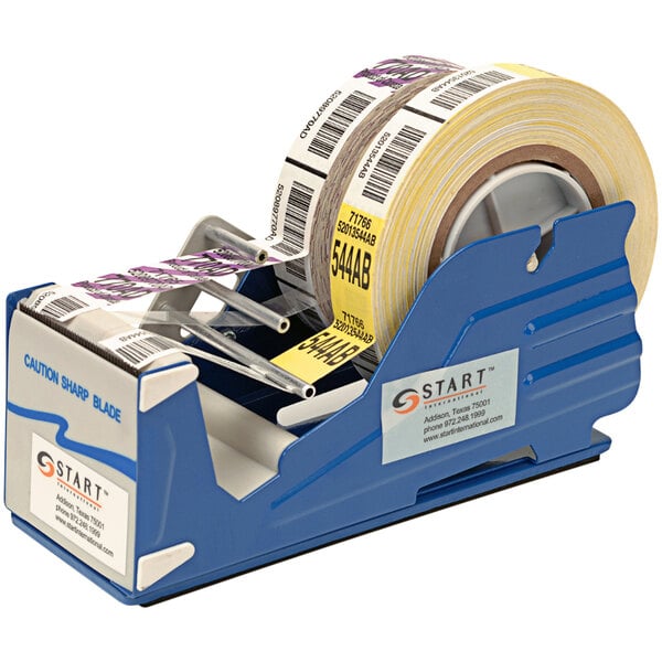 A Start International manual tape dispenser with 3 rolls of label tape in blue boxes.