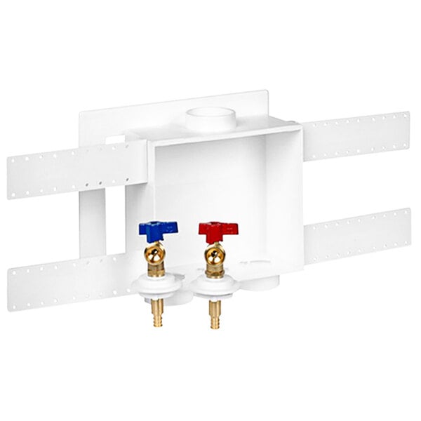 A white Oatey Quadtro washing machine outlet box with two valves.