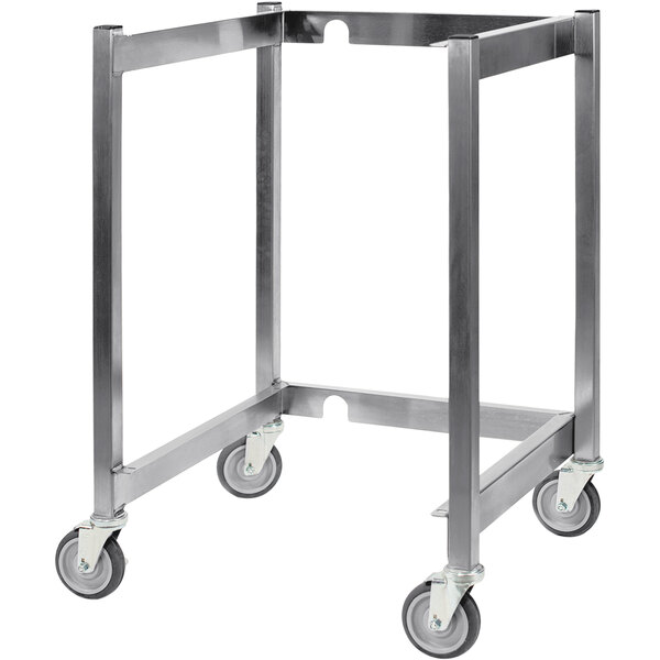 A metal frame with wheels for AccuTemp Evolution steamers.