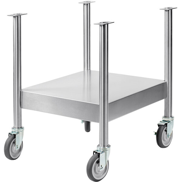 A stainless steel AccuTemp cart with four metal legs.