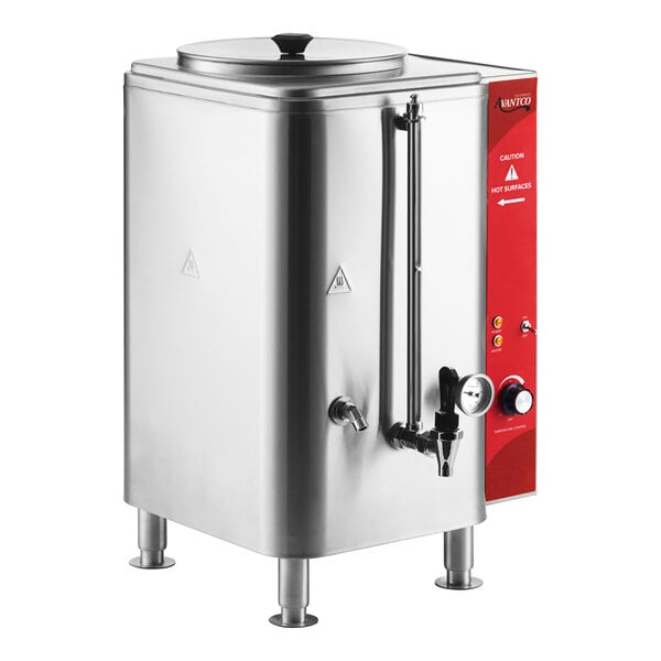 An Avantco stainless steel hot water dispenser with a red label.